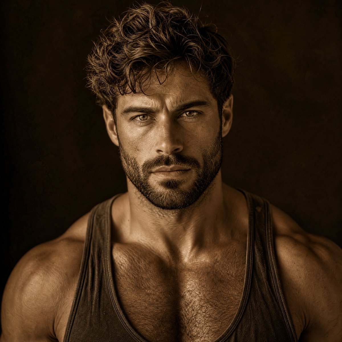 Sepia Muscular Portrait With Obscured Face AI image template preview