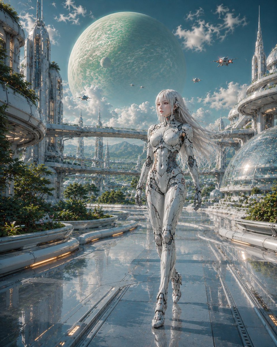 Female Android in Futuristic Space City AI image template preview