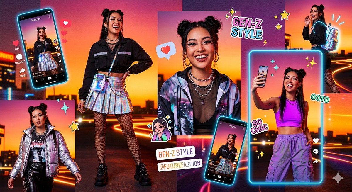 Gen-Z Neon Fashion Collage AI image template preview