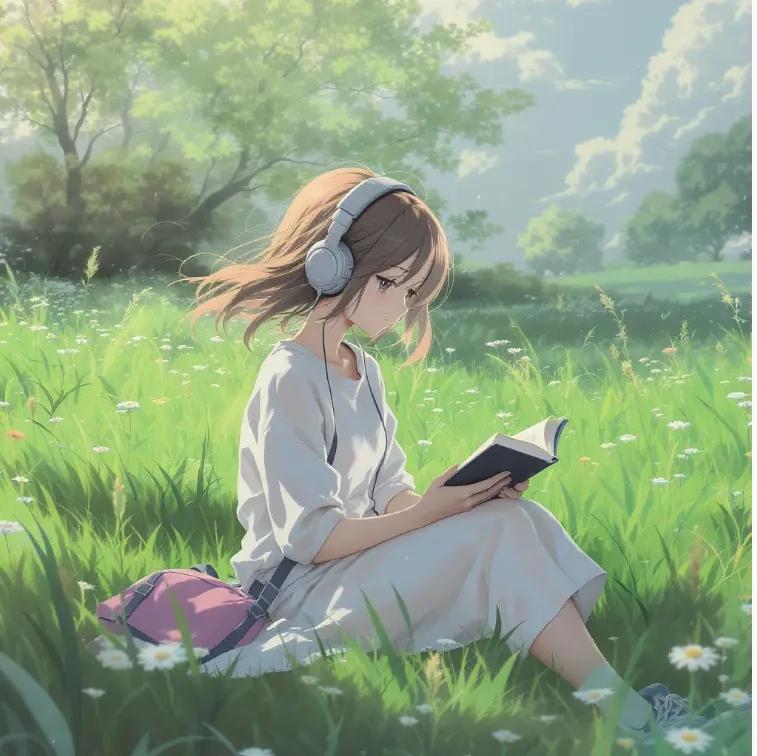 Anime Girl Meadow Reading AI image template preview