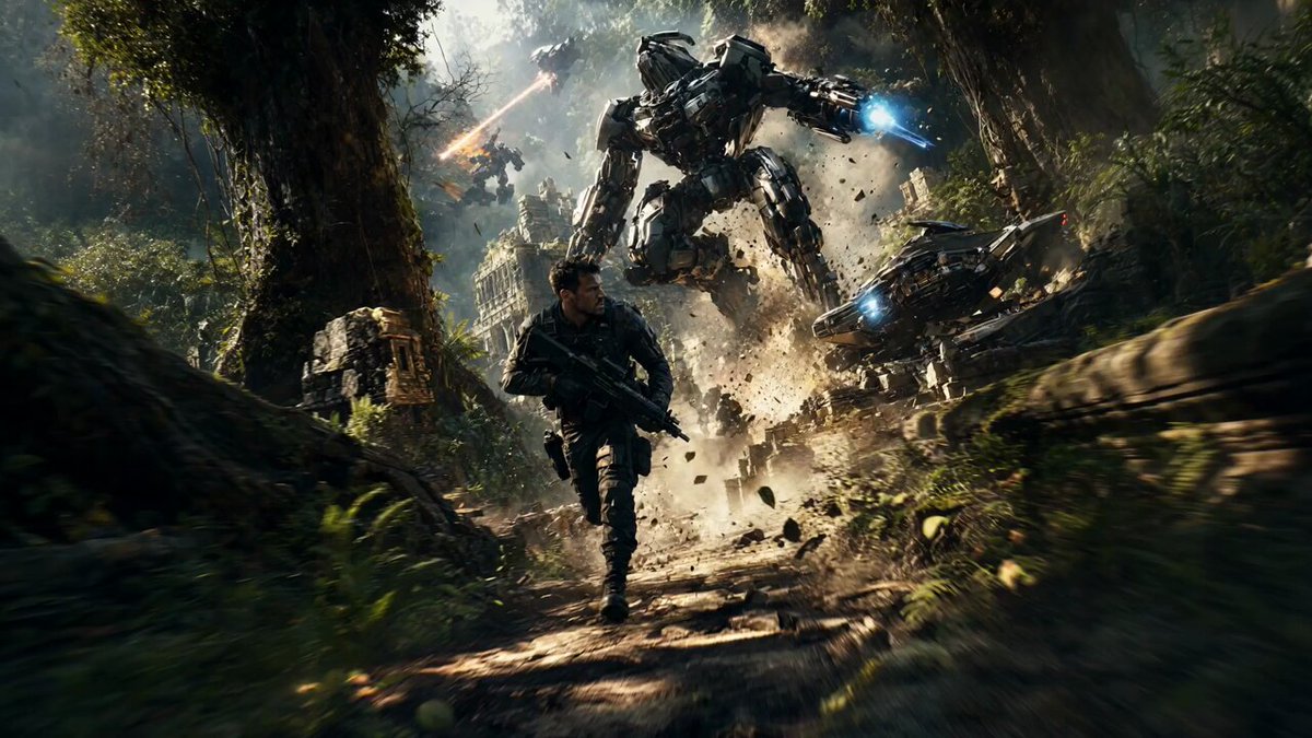 Sci-Fi Jungle Battlefield Cinematic Prompt AI template preview