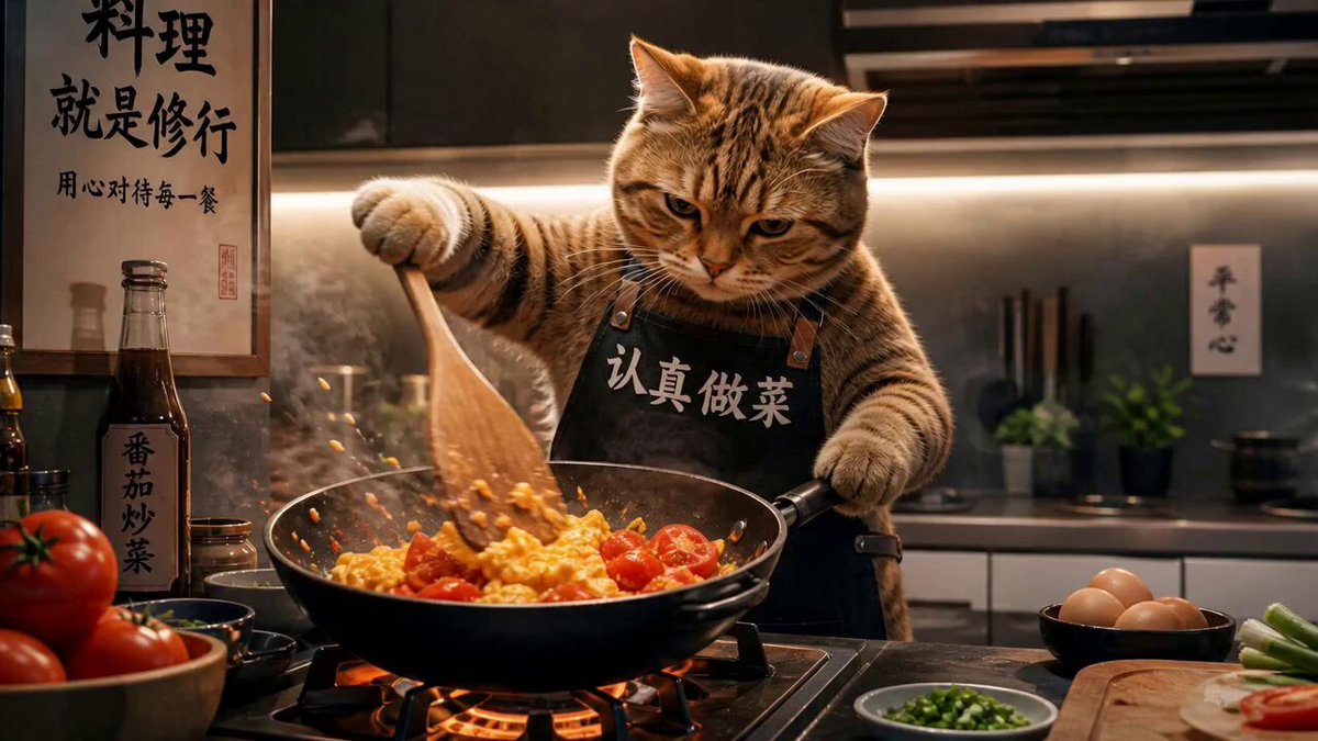 Chef Cat Cooking Tomato and Eggs AI template preview