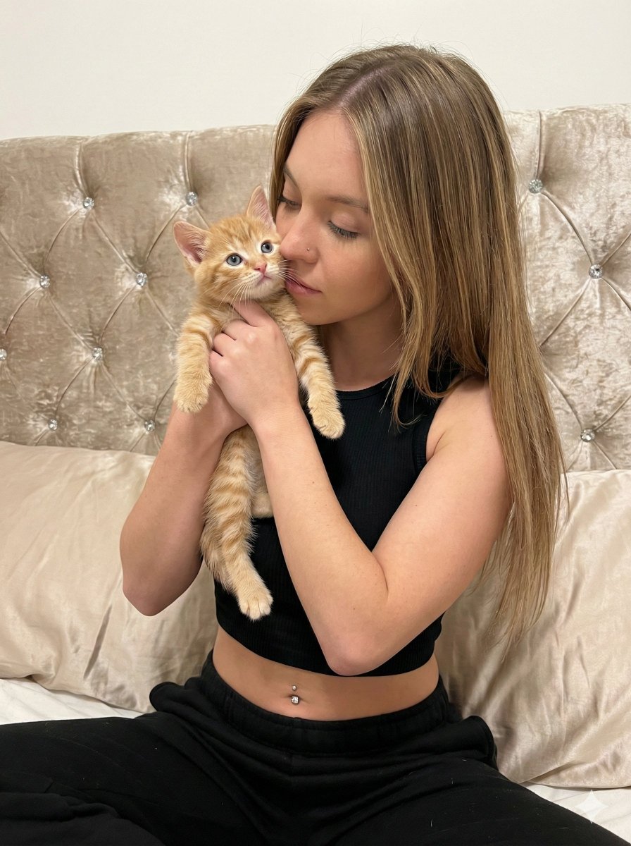 Photorealistic Portrait of Sydney Sweeney with a Kitten AI image template preview