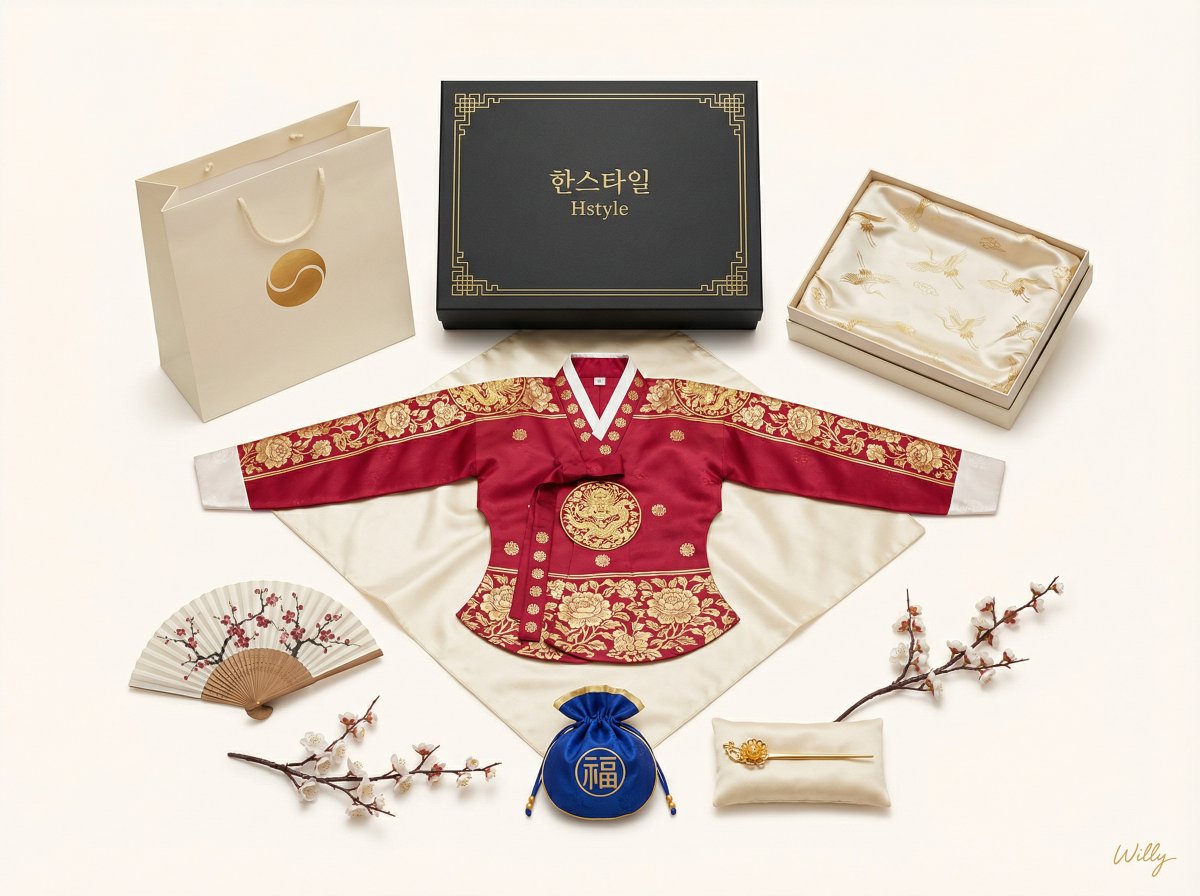 Luxury Korean Hanbok Product Mockup (Symmetrical Flat Lay) AI image template preview