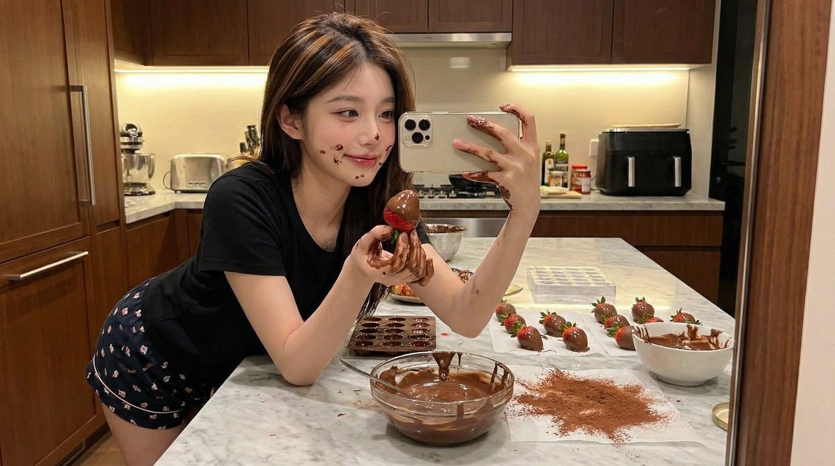 Ultra-Realistic Kitchen Selfie with Chocolate Smudge AI image template preview