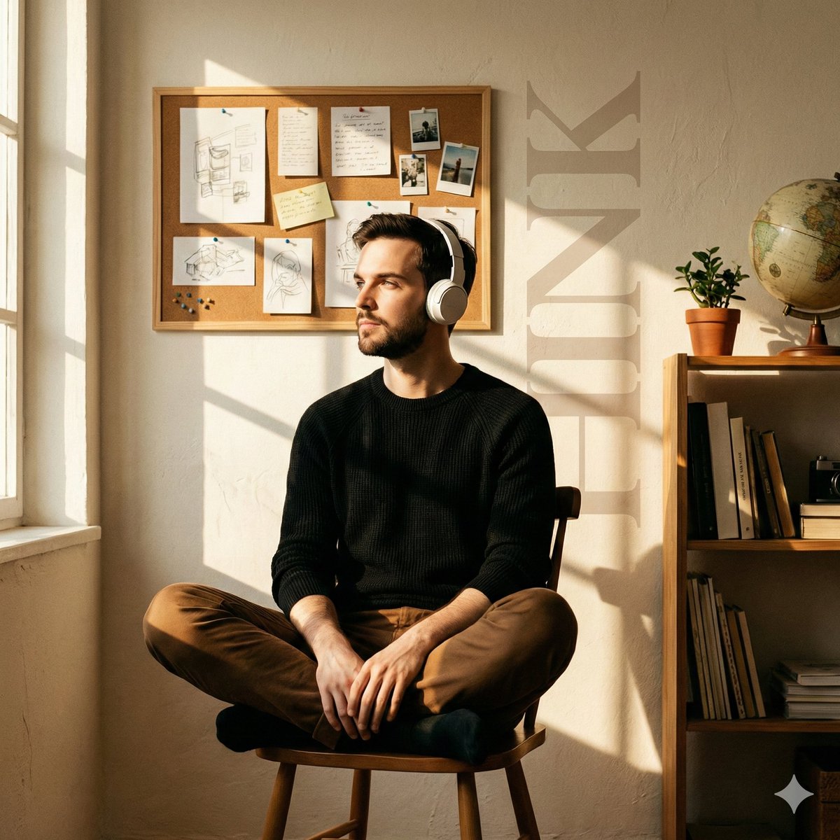 Cinematic Editorial Portrait in a Cafe with Window Shadows AI image template preview