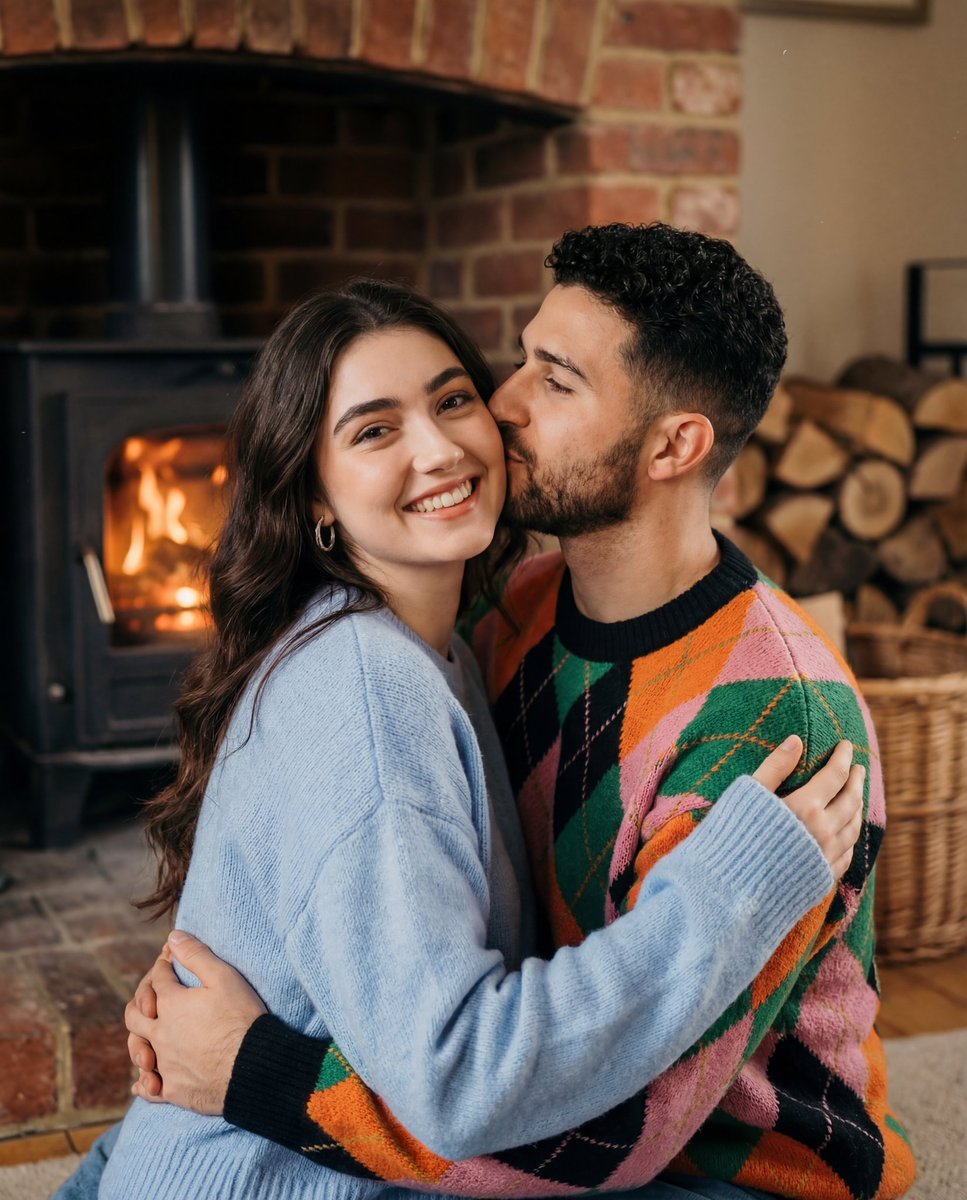 Cozy Nostalgic Couple Portrait by Fireplace AI image template preview