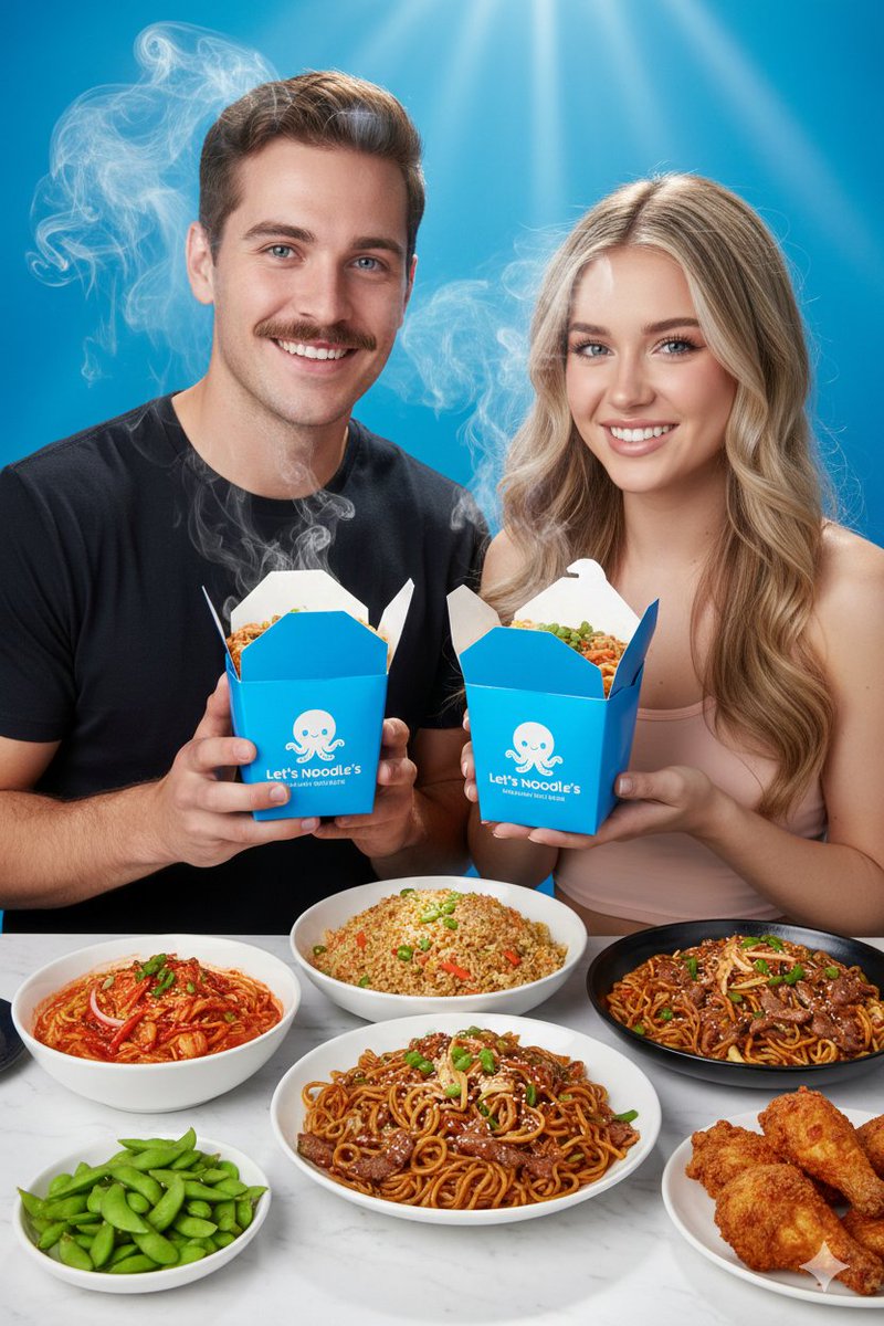 Vibrant Food Photography with Couple and Noodle Boxes AI image template preview