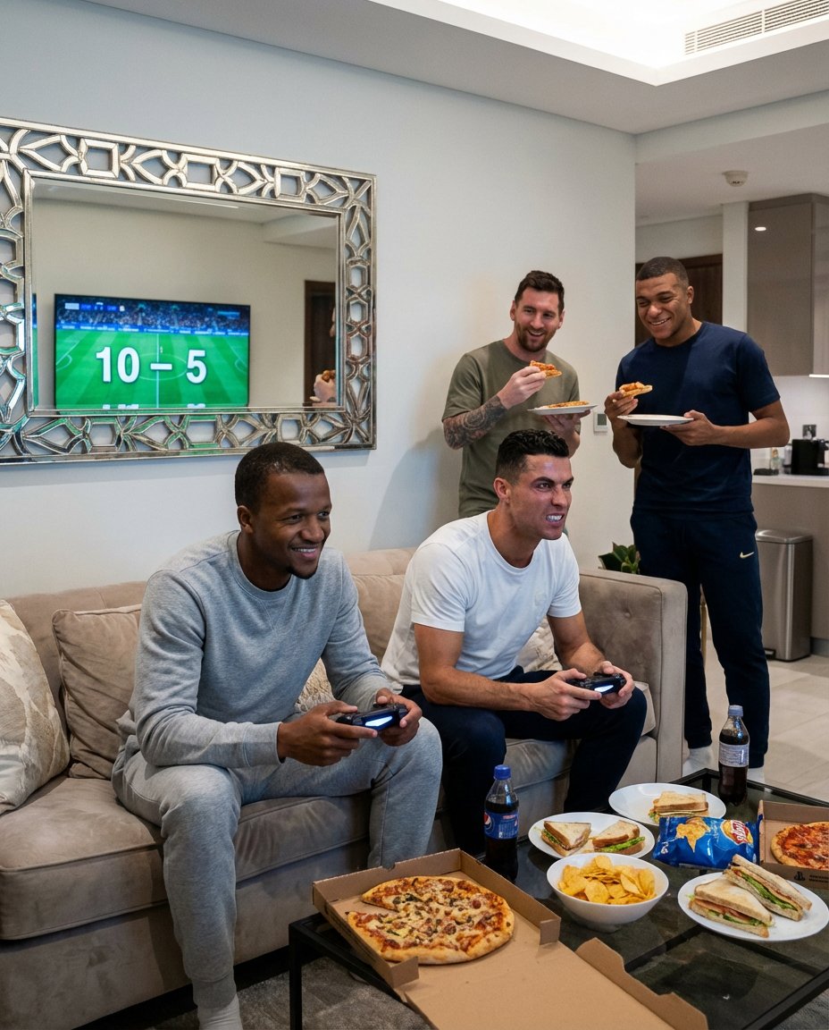 Football Video Game Victory Scene with Ronaldo and Messi Prompt AI image template preview
