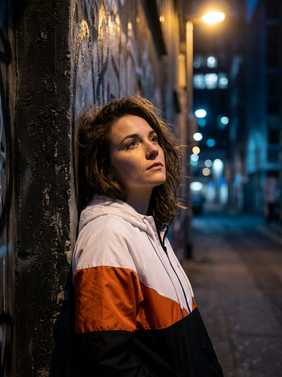 Dramatic Urban Portrait with Overhead Lighting AI image template preview