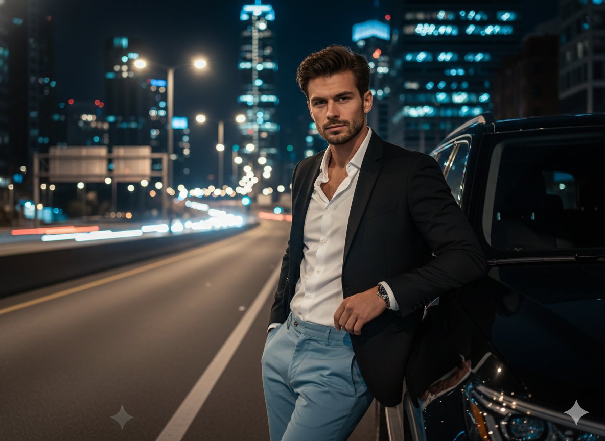 Cinematic Night Urban Portrait with Luxury SUV AI image template preview