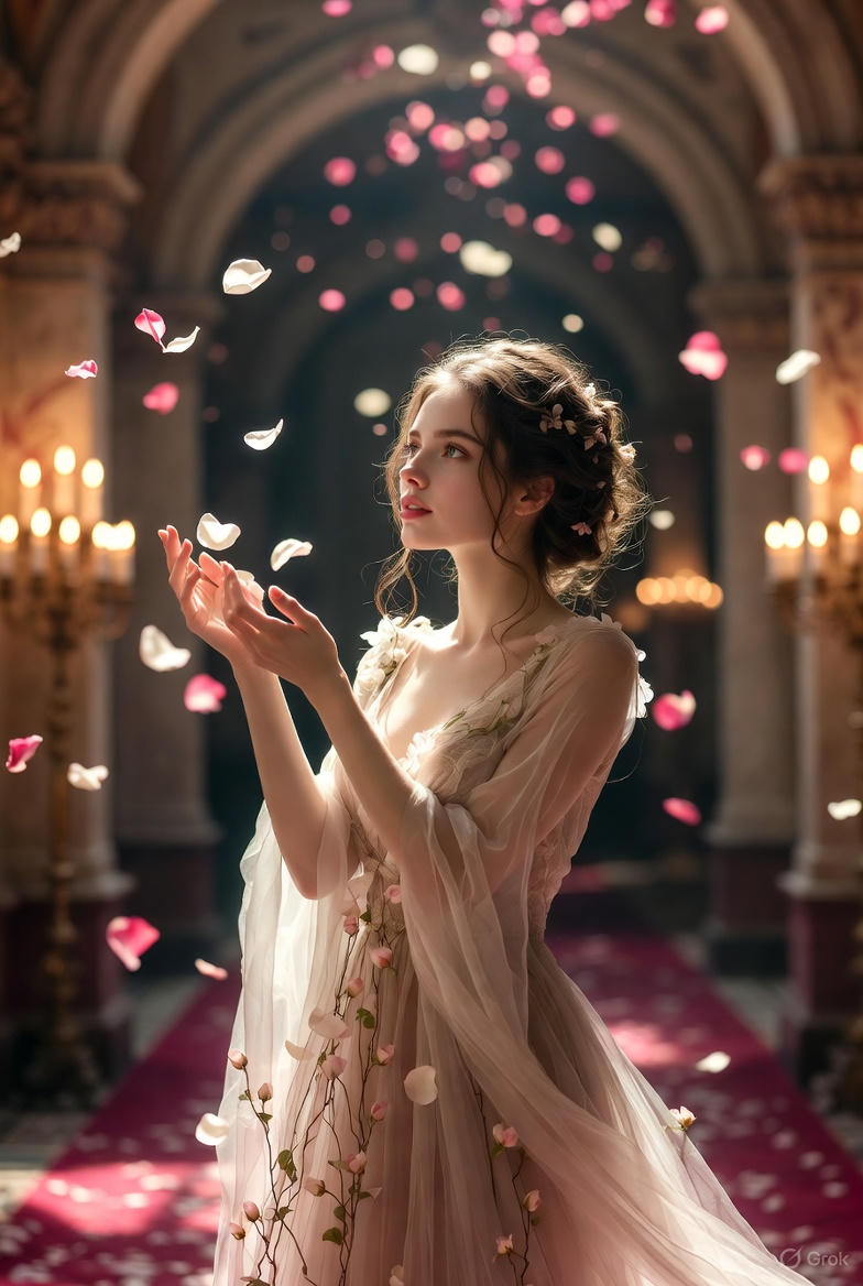 High-Fashion Fantasy Editorial with Floating Petals AI image template preview