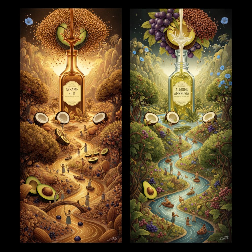 Surrealist Diptych of Sesame and Almond Oil Landscapes AI image template preview