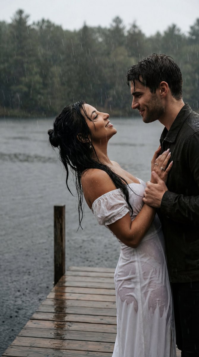 Cinematic Rainy Lakeside Couple Scene Prompt (Reference Lock) AI image template preview
