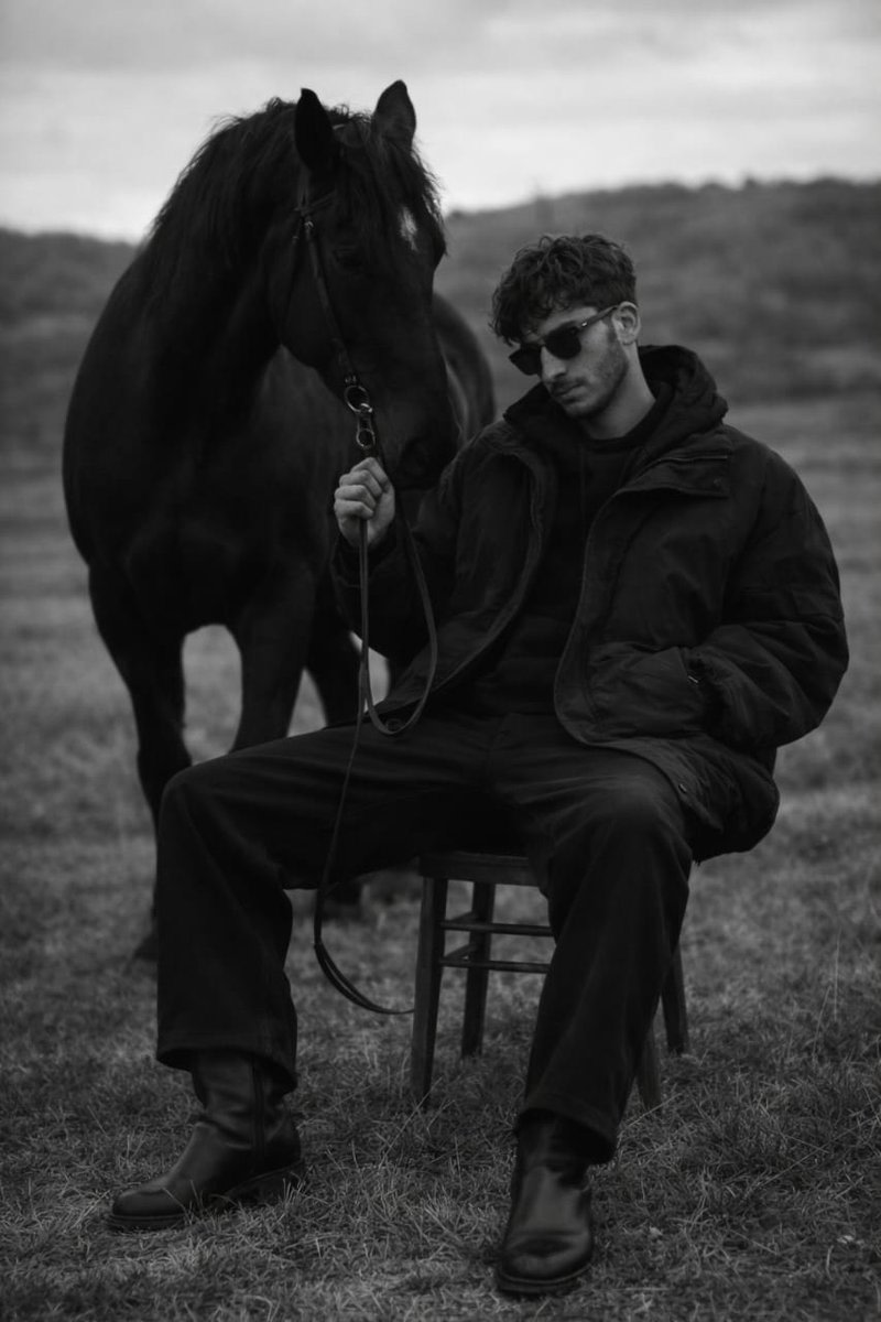 Monochrome Editorial Portrait: Man and Horse AI image template preview