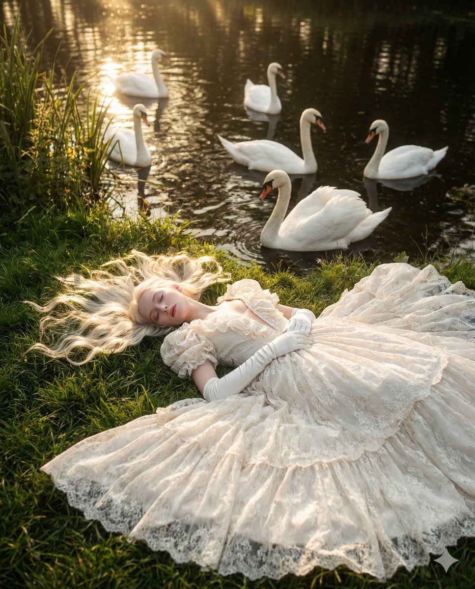Ethereal Fantasy Portrait with Swans and Golden Hour Light AI image template preview
