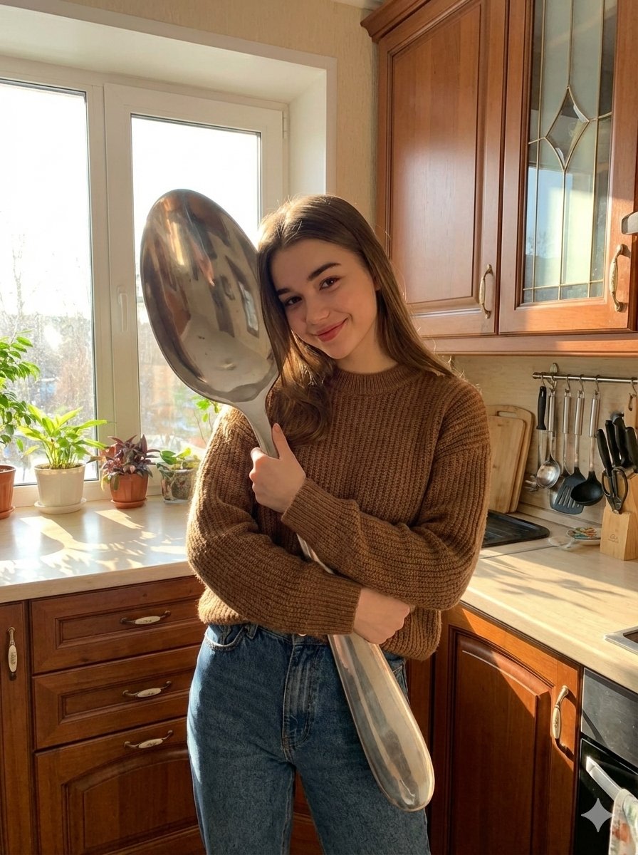 Photorealistic Woman Hugging Giant Spoon in Kitchen Prompt AI image template preview