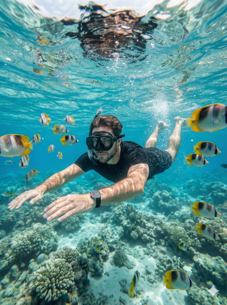 Hyper-Realistic Underwater Snorkeling Portrait AI image template preview