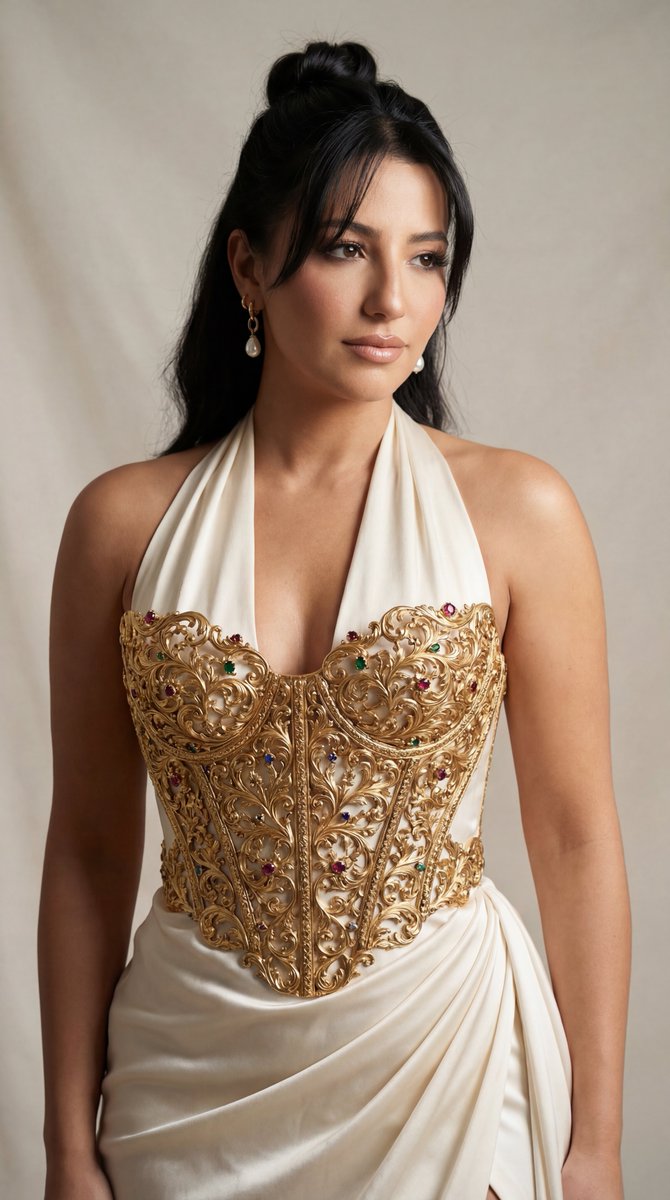 Couture Gown with Sculptural Gold Corset Editorial AI image template preview