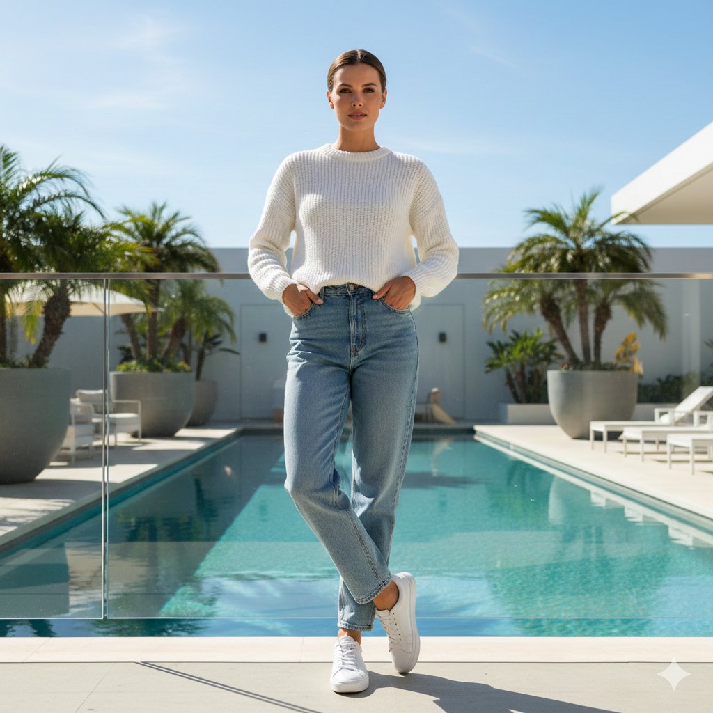 Ultra-realistic Lifestyle Portrait at Luxury Poolside with Identity Lock AI image template preview