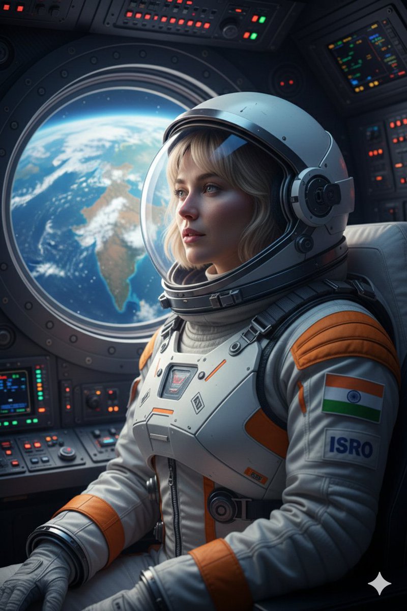 Cinematic Portrait of Indian Astronaut in ISRO Spacesuit AI image template preview