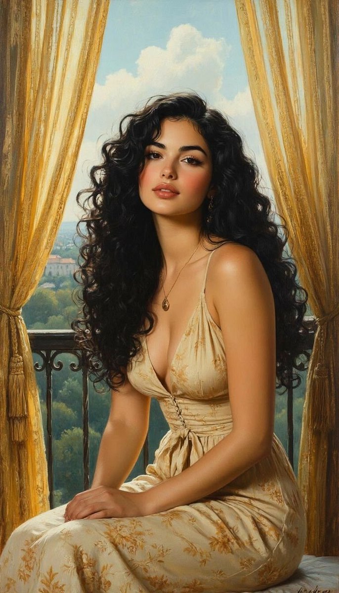 Romantic Painterly Portrait on European Balcony AI image template preview