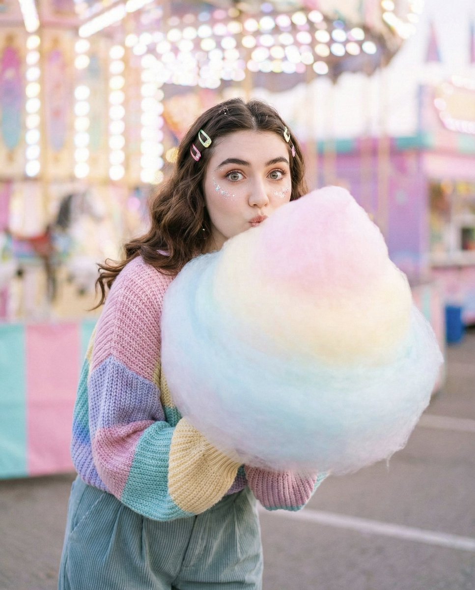 Cozy-Sweet Editorial Portrait with Cotton Candy AI image template preview