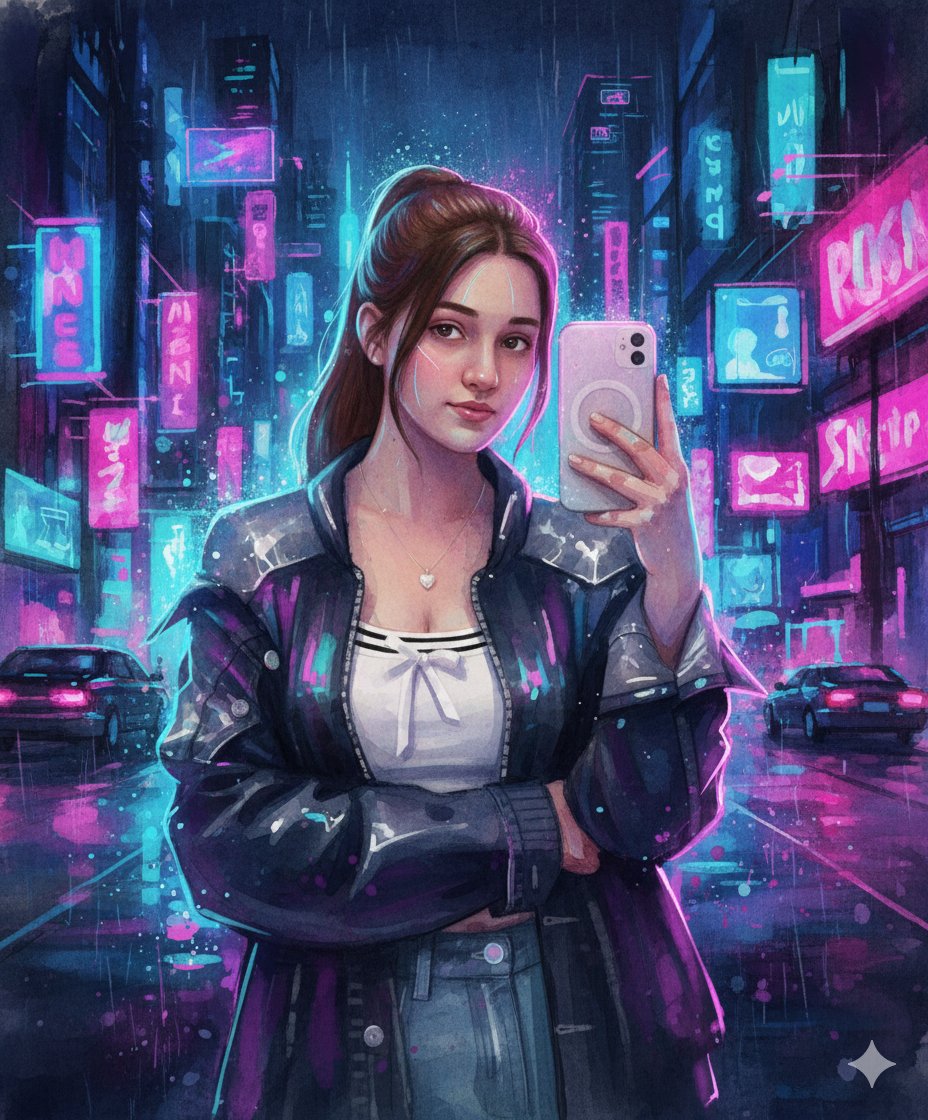 Neon Cyberpunk Watercolor Fusion Illustration Prompt AI image template preview