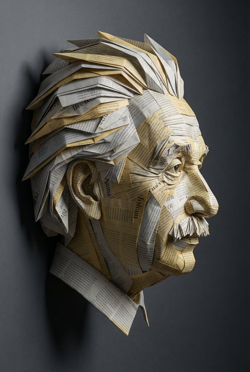 Surreal Einstein Paper Sculpture Photography Prompt AI image template preview