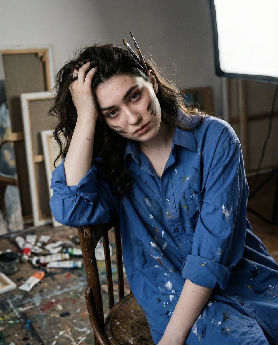 Chiaroscuro Portrait of an Exhausted Artist AI image template preview