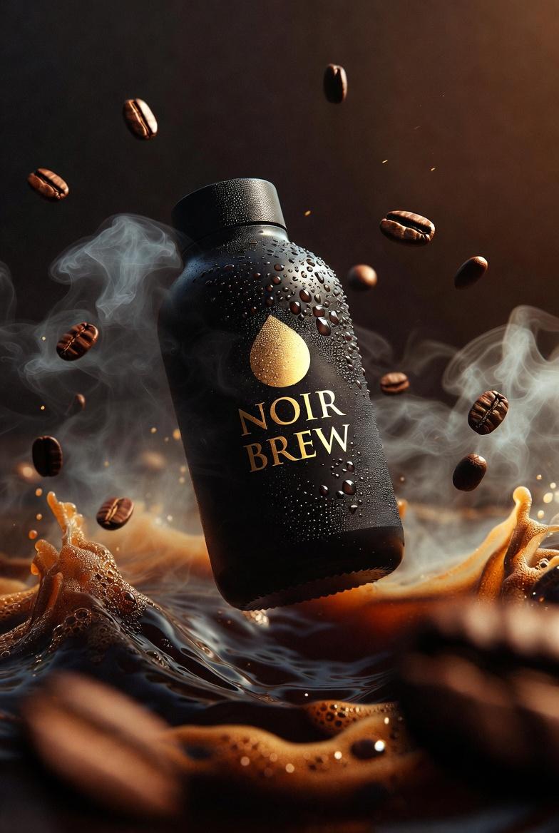 Ultra-Cinematic Product Photography of 'NOIR BREW' Coffee Bottle AI image template preview