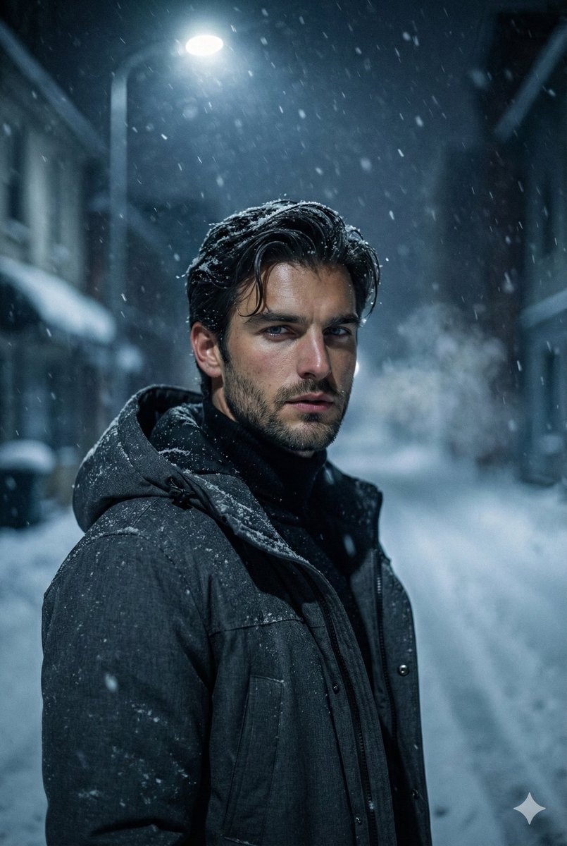 Winter Noir Cinematic Portrait of Man in Snowy Street AI image template preview