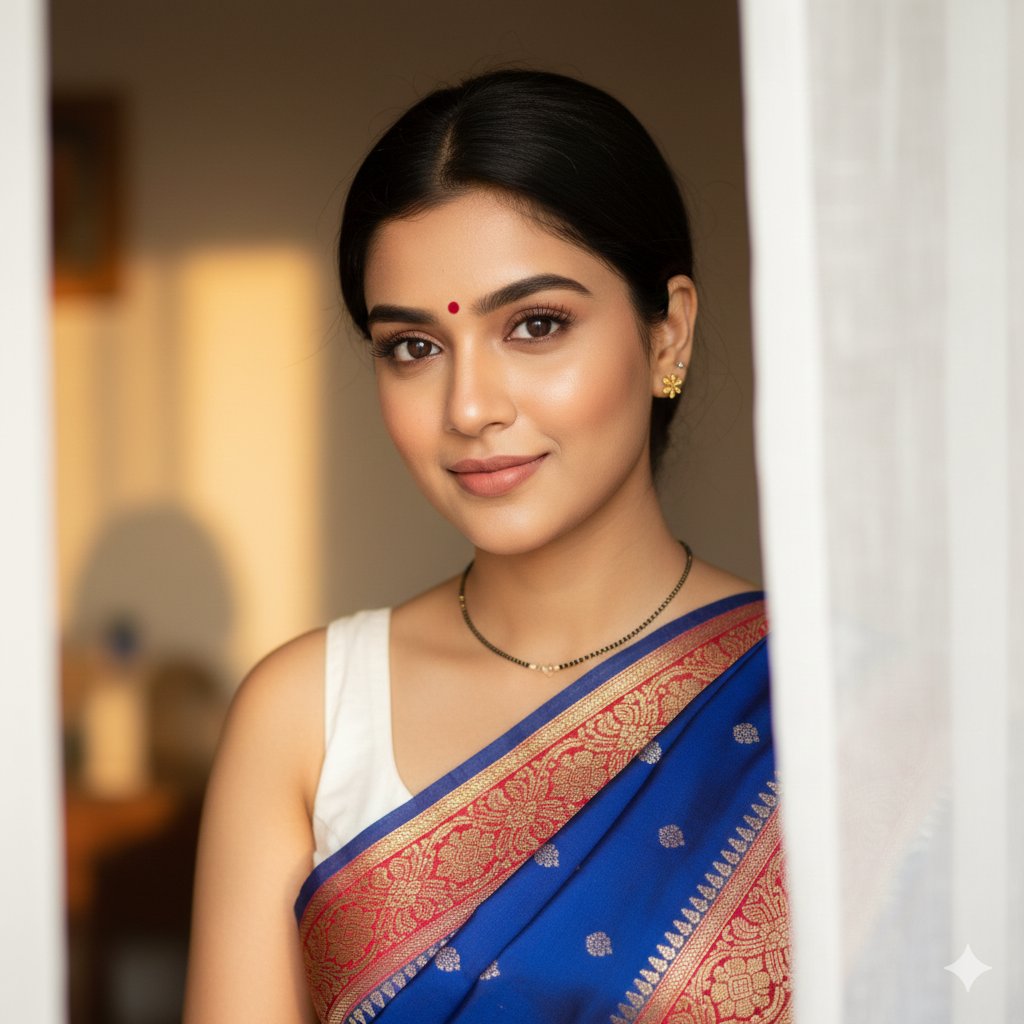 South Asian Woman Portrait with Saree and Sheer Curtains AI image template preview