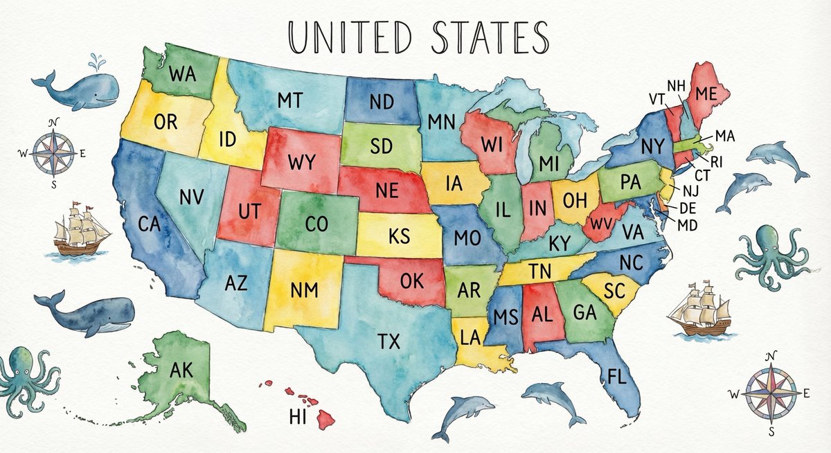 Watercolor US map with state abbreviations AI image template preview