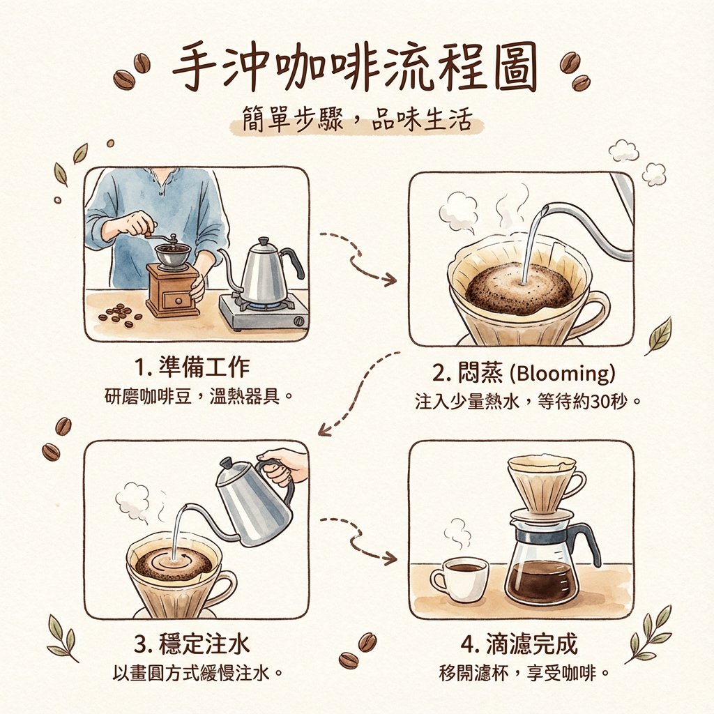 Hand drip coffee flowchart in Japanese magazine style AI image template preview