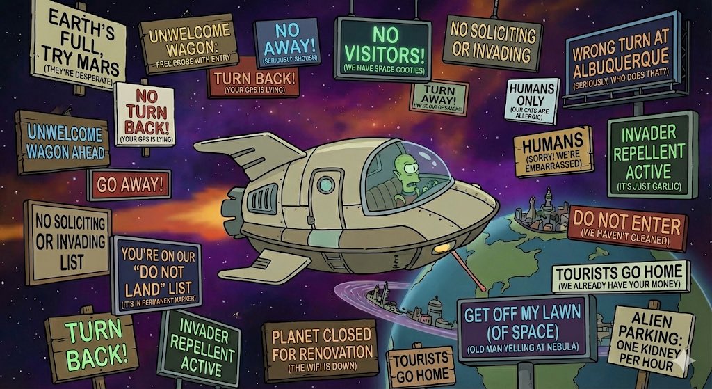Futurama-style spaceship and warning signs AI image template preview