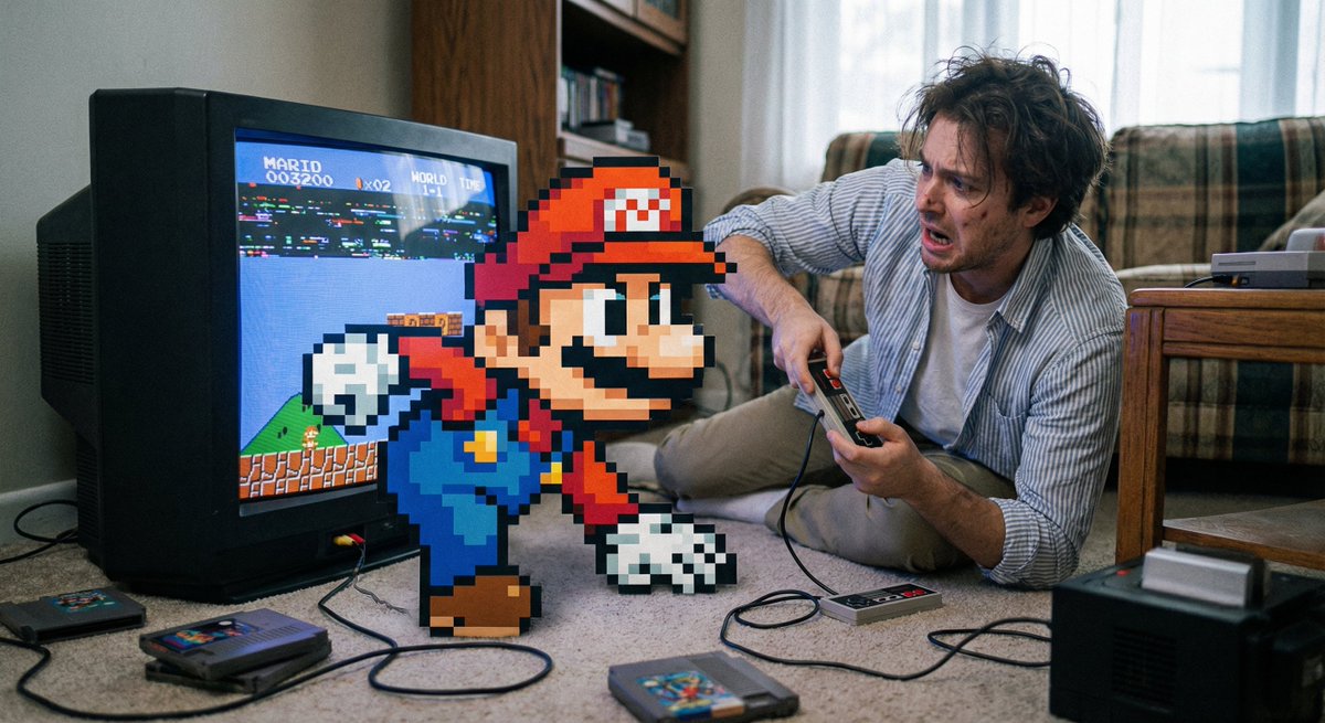 Pixel game character climbing out of TV AI image template preview