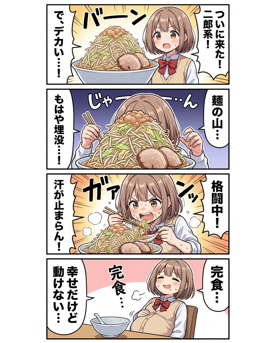 4-panel Japanese gag manga about Nanami eating ramen AI image template preview