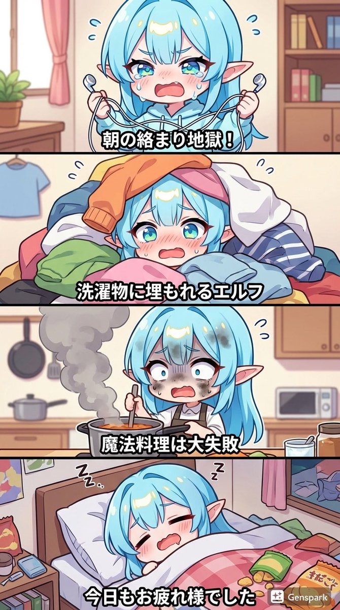 Four-panel comic about a clumsy elf AI image template preview