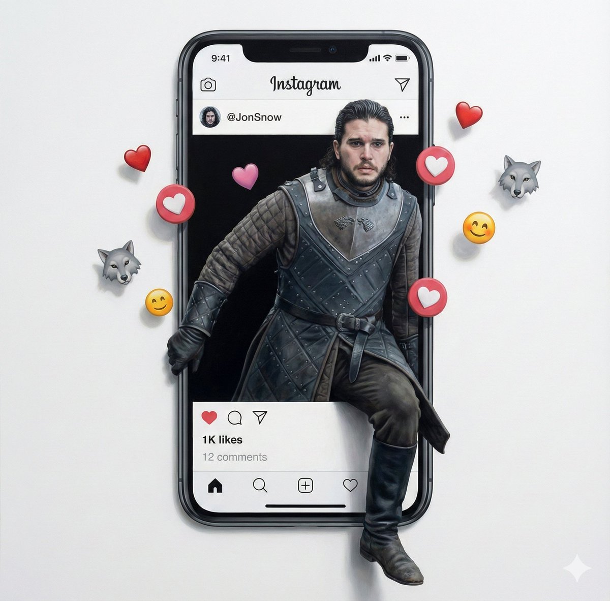 Trompe l'oeil subject stepping out of social media screen AI image template preview