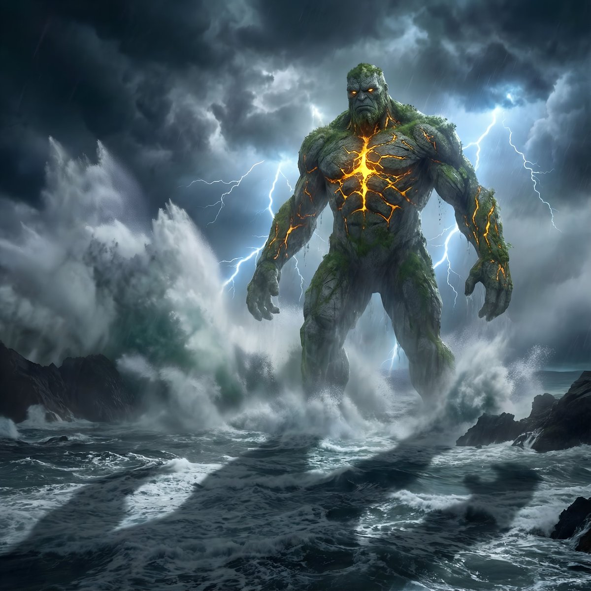 Colossal Stone Titan Rising from Ocean AI image template preview