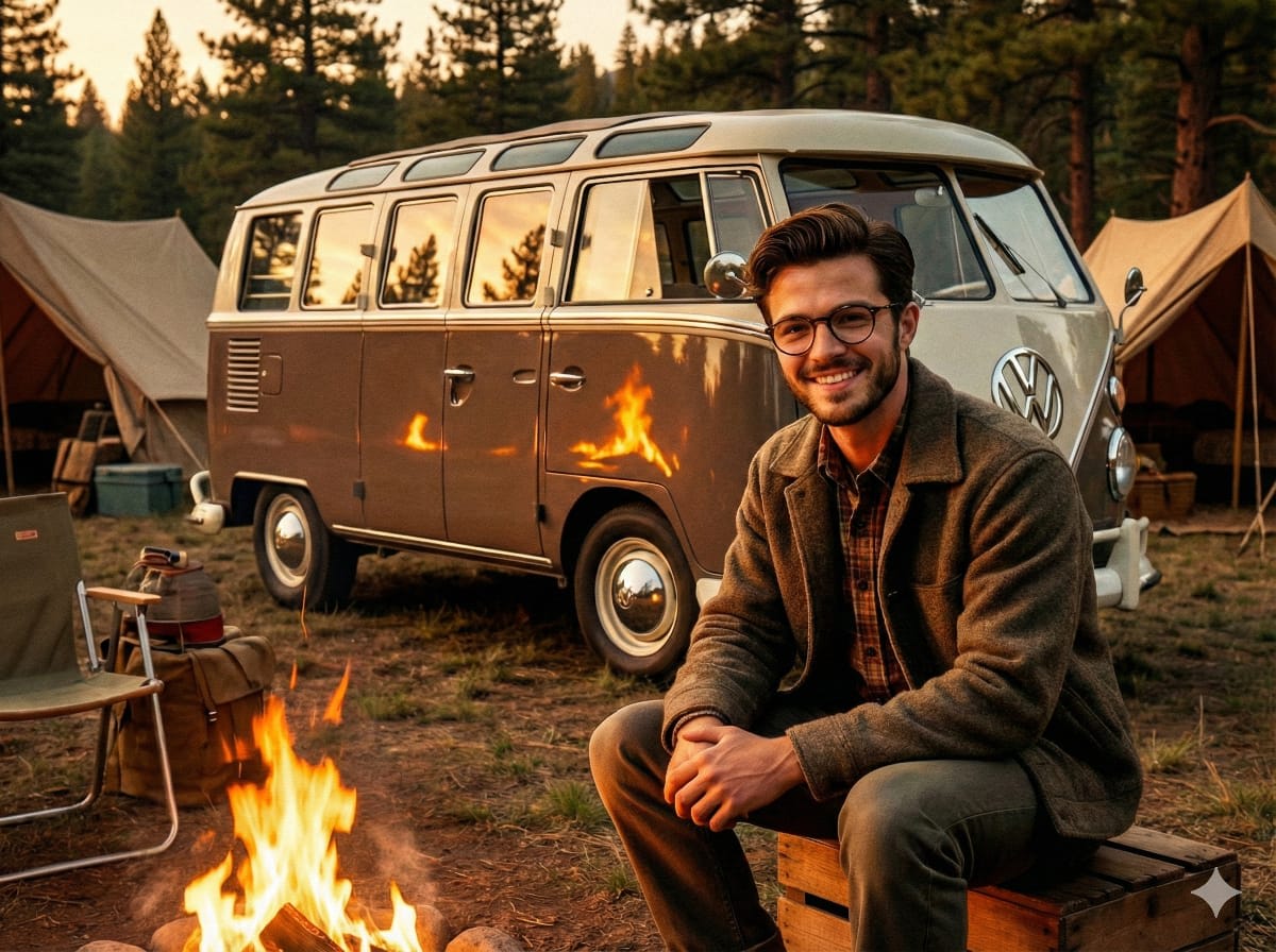 1950s Americana VW Samba Bus Campsite Portrait AI image template preview