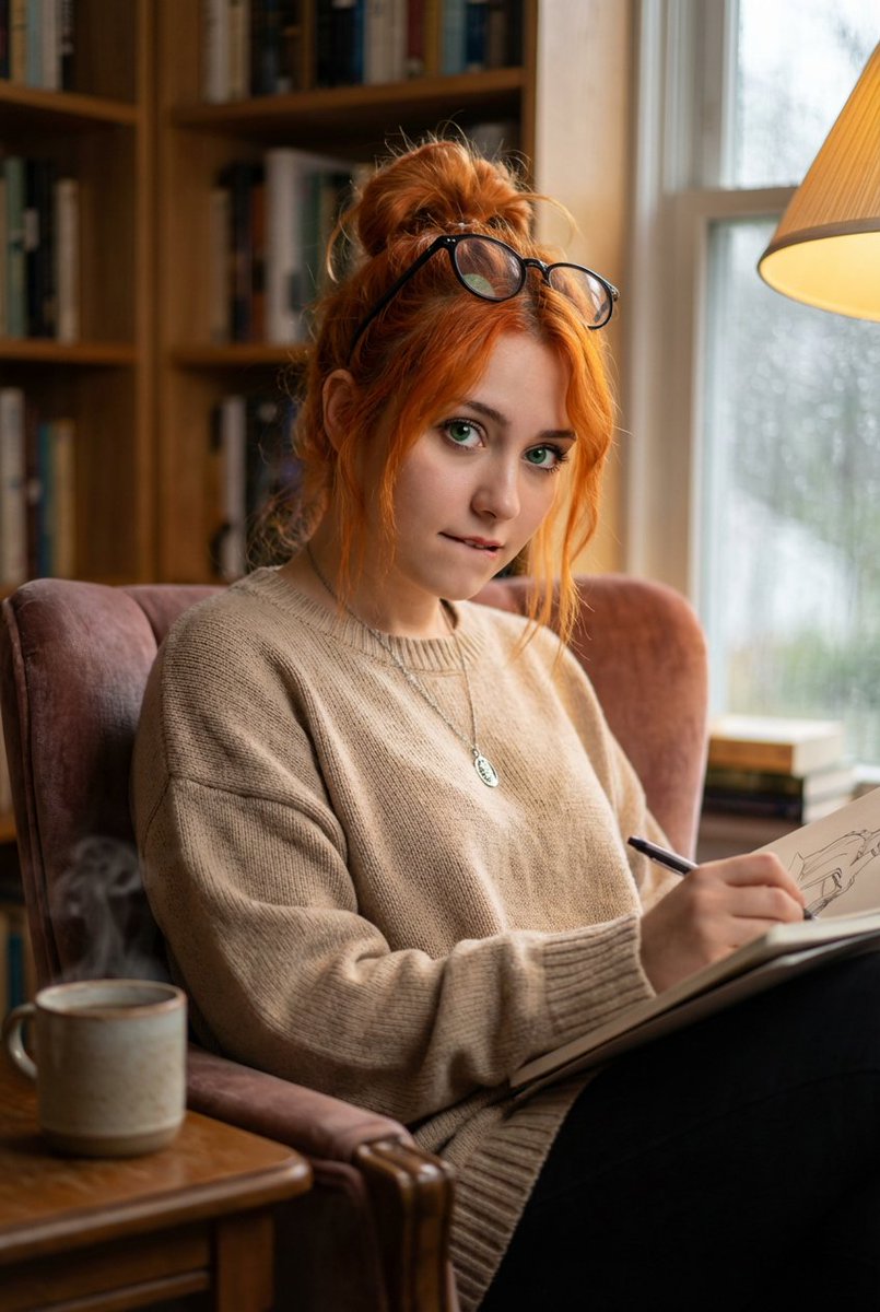 Consistent Character Portrait: Alev in a Cozy Library (JSON) AI image template preview