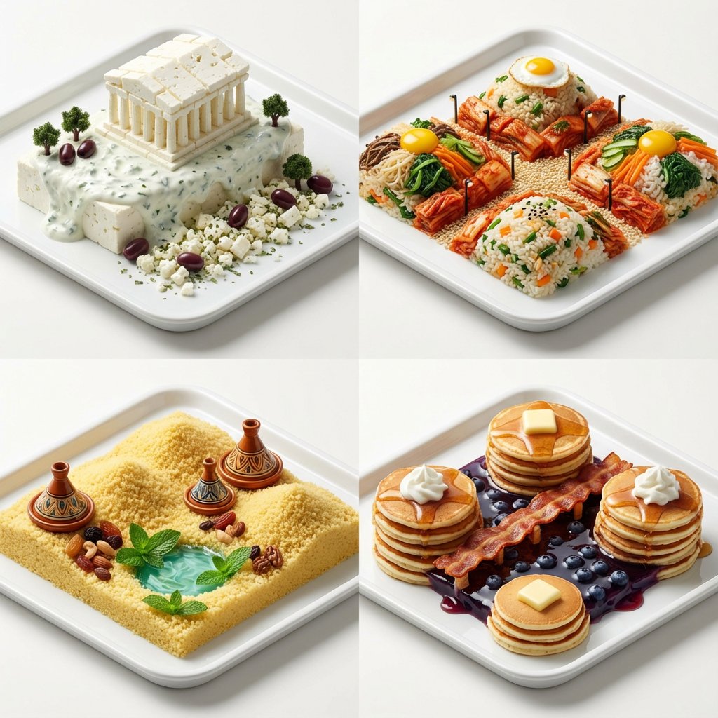 Hyper-Realistic Miniature Food Landscapes Grid AI image template preview