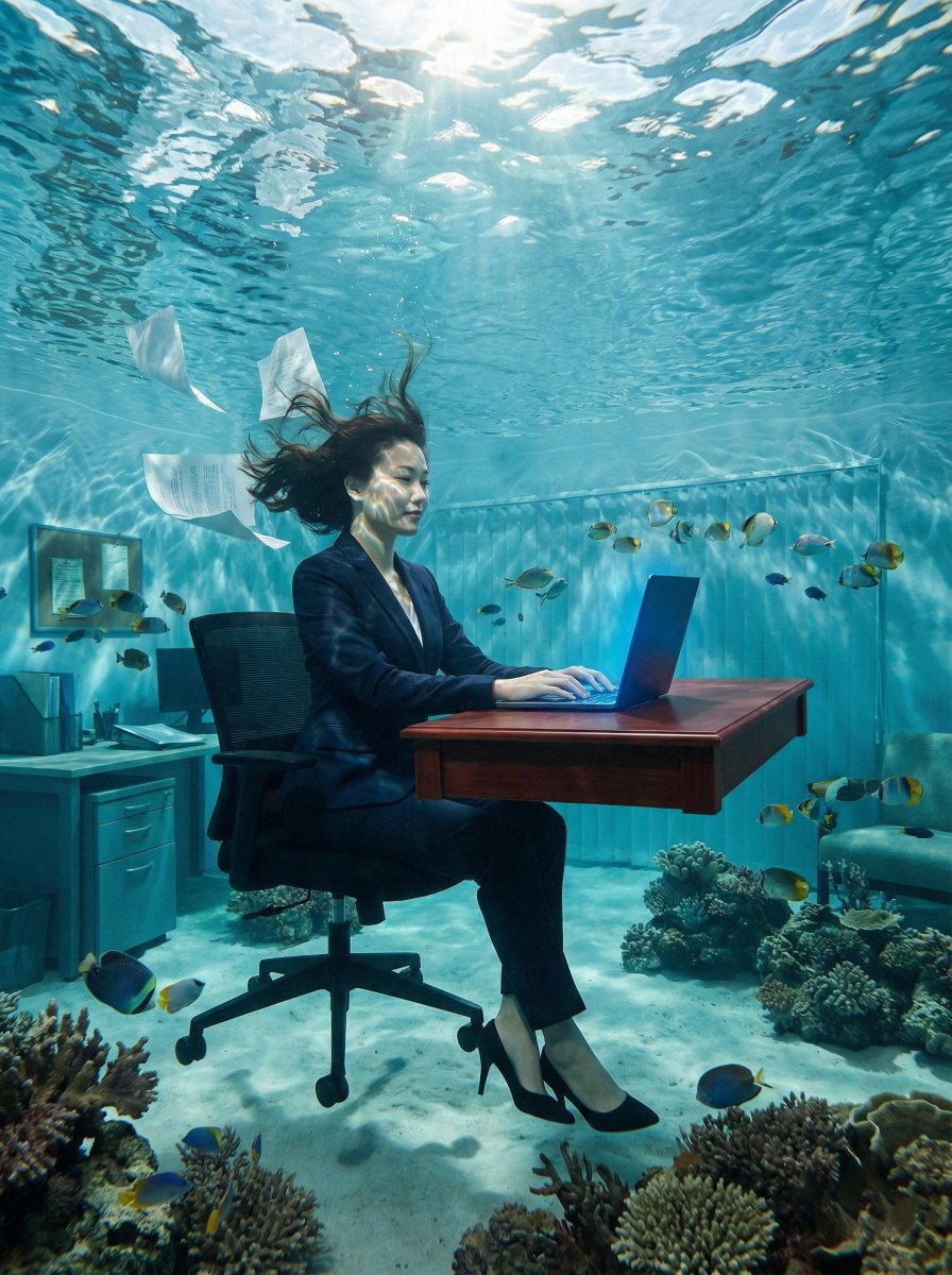 Surreal Underwater Office Scene Prompt AI image template preview