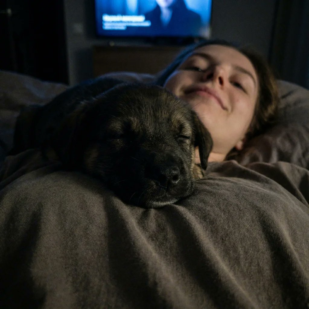 Extreme Close-up Puppy Selfie Prompt (Low Light) AI image template preview