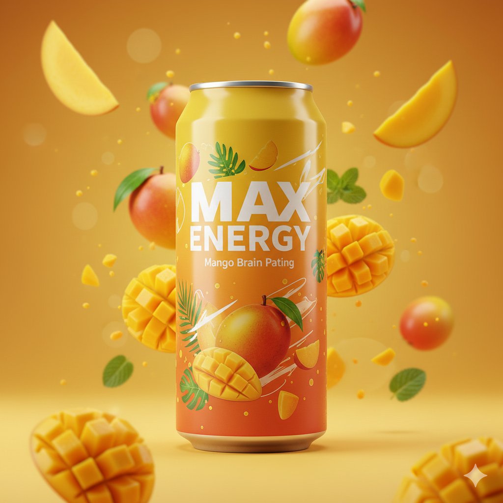 Photorealistic Mango Energy Drink Product Shot Prompt AI image template preview