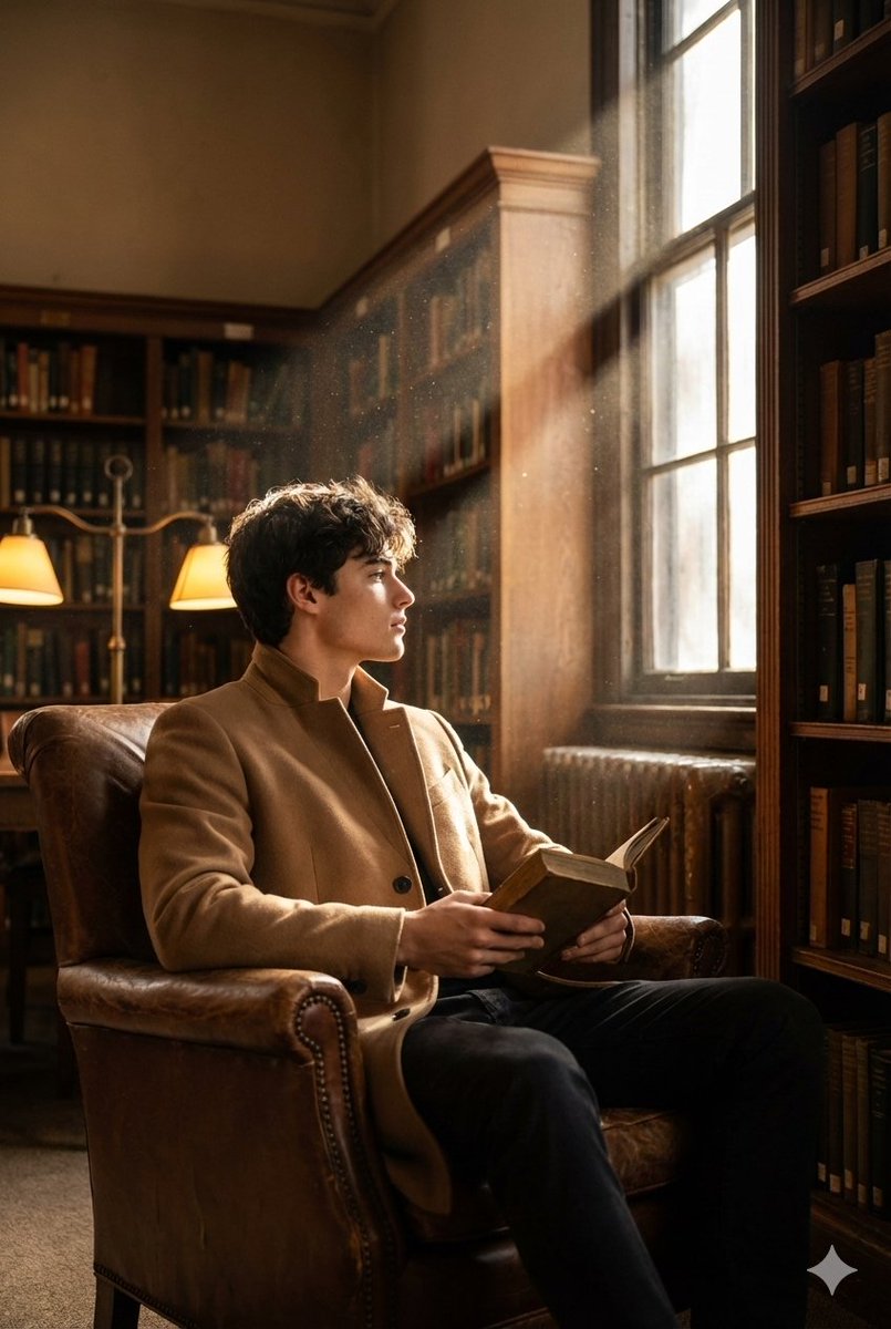 Cinematic Fashion Shot of a Man in a Library AI image template preview