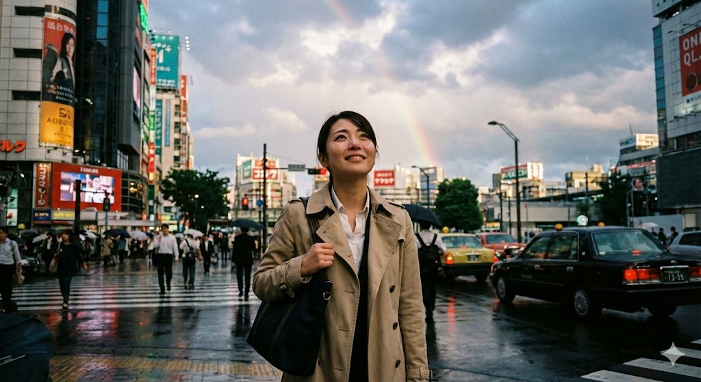 Emotional Snapshot of a Woman in Rainy Tokyo AI image template preview