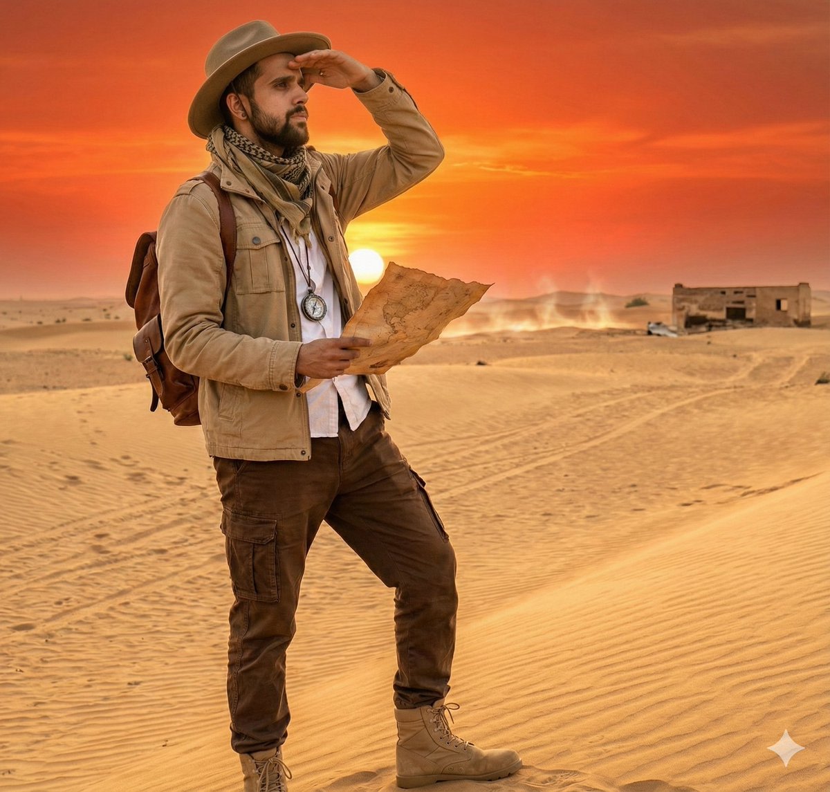 Cinematic Desert Explorer Scene Documentation AI image template preview